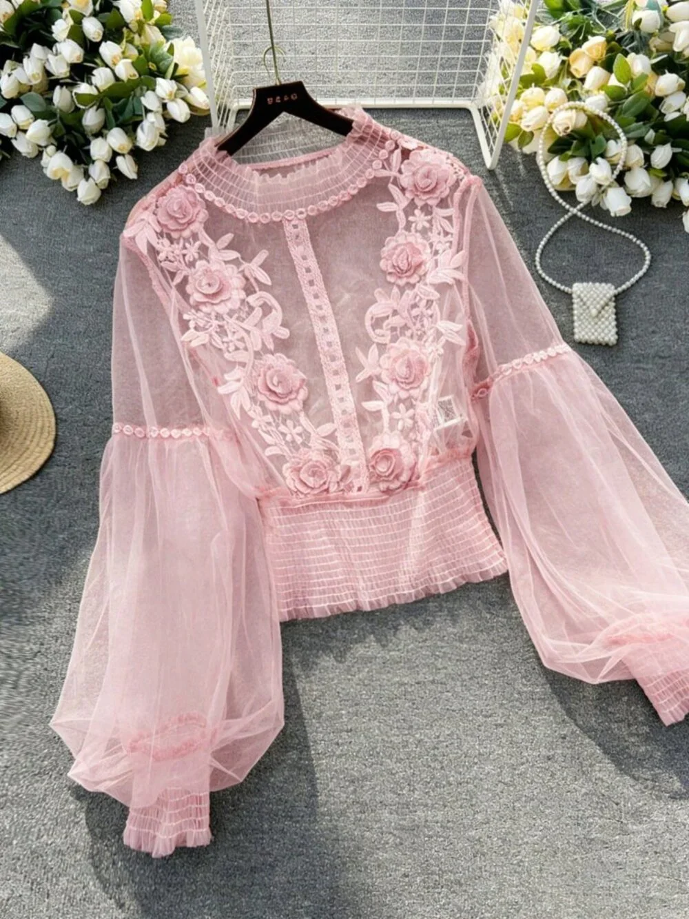 Pink Elegant Women's 3D Floral Patchwork Sheer Lantern Sleeve Cropped Top - Picture 4 of 6
